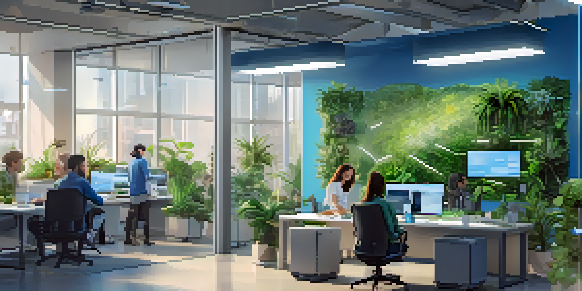 A modern office with a computer screen displaying a chatbot interface, surrounded by diverse individuals engaging with the technology.