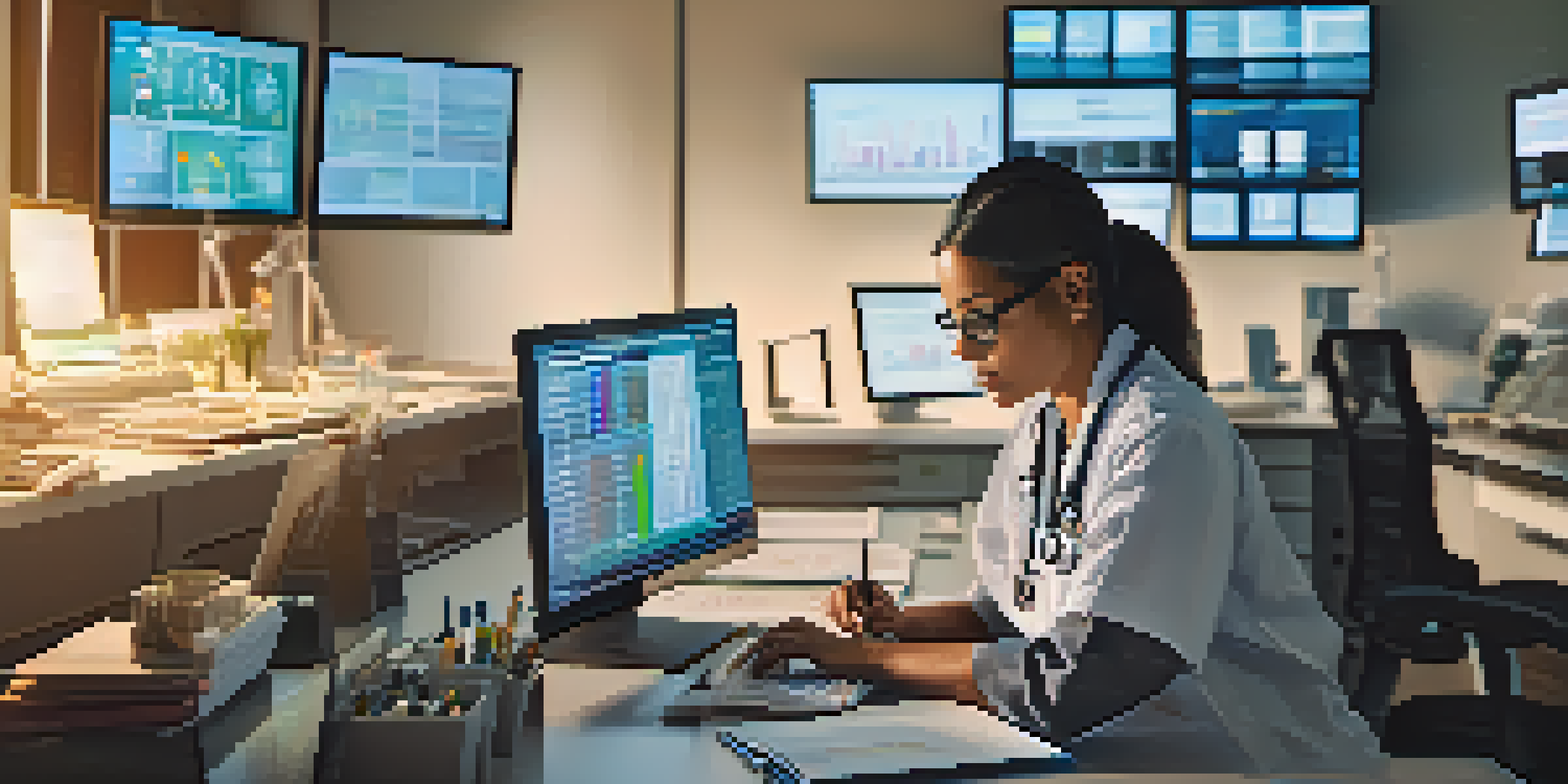 A healthcare professional analyzing patient data on multiple screens in a well-lit office.
