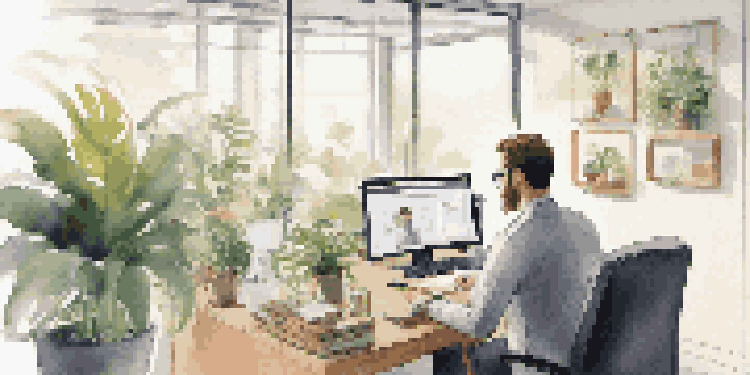 A businessperson on a video call with an AI chatbot in a modern office filled with plants and natural light.