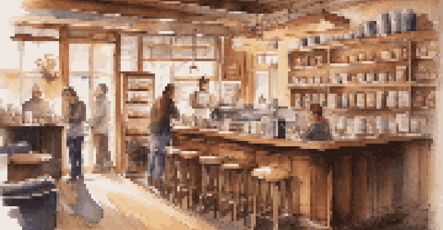 A warm and inviting coffee shop interior with wooden furniture, warm lighting, and a barista making a latte.