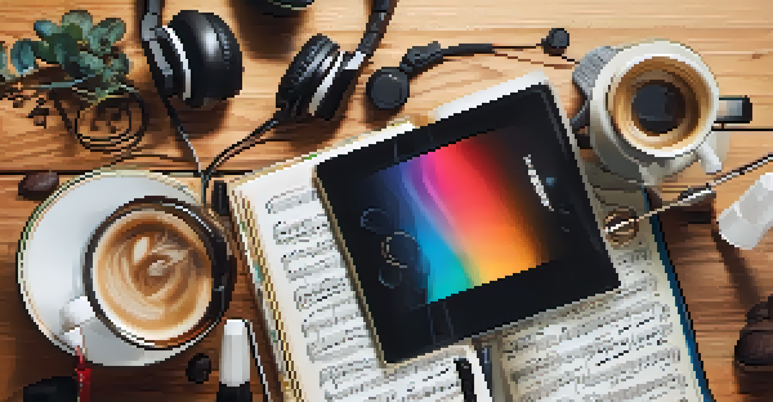 A flat lay of music items including a smartphone, headphones, notebook, and coffee on a wooden table.