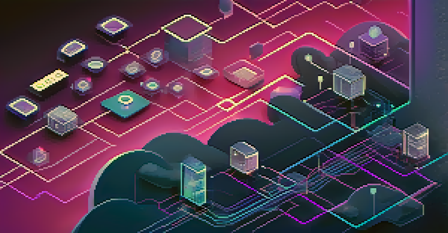 An abstract digital illustration showing interconnected cloud icons and code snippets, representing serverless architecture.