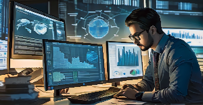 A forensic analyst at a workstation with multiple screens showing social media data and digital evidence, illuminated by a blue light.