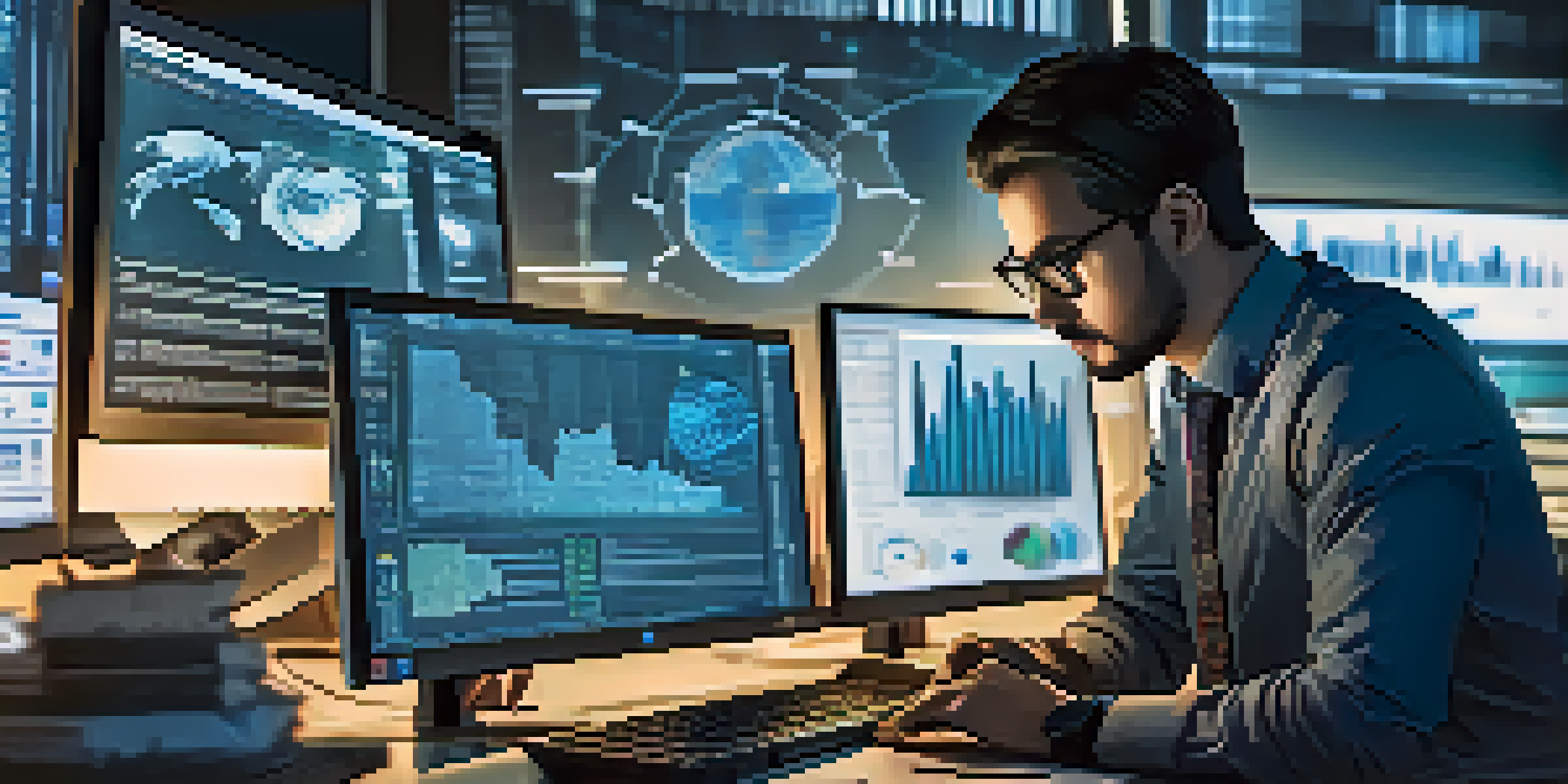 A forensic analyst at a workstation with multiple screens showing social media data and digital evidence, illuminated by a blue light.