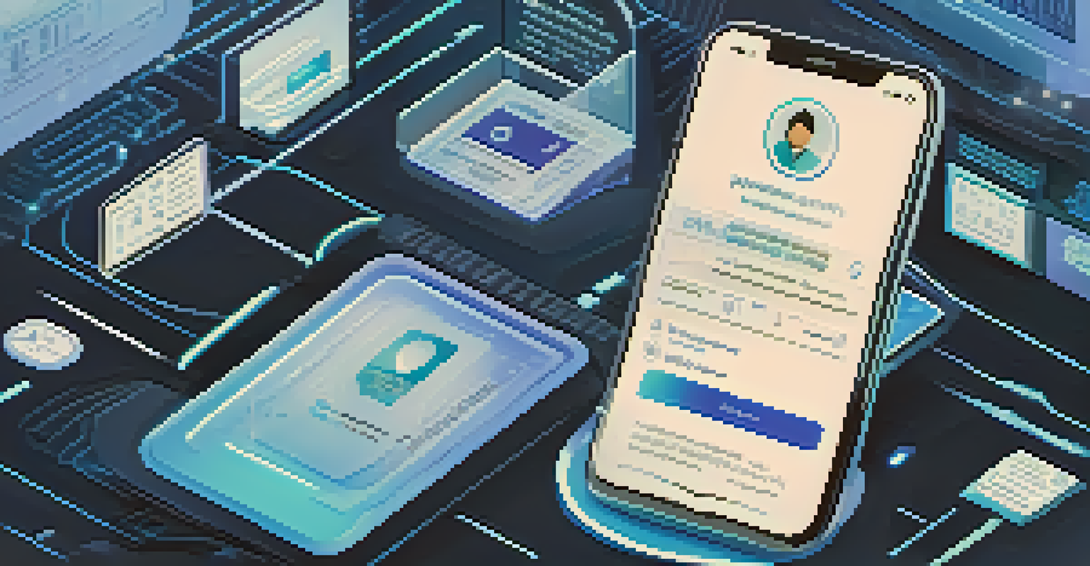 A digital identity card displayed on a smartphone, surrounded by holographic icons in a modern office setting.