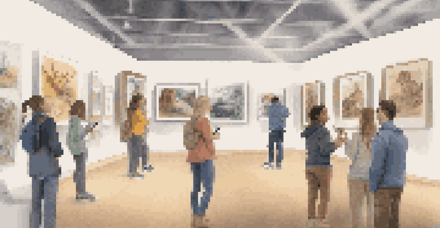 Visitors in a museum engaging with augmented reality displays while observing art and artifacts.