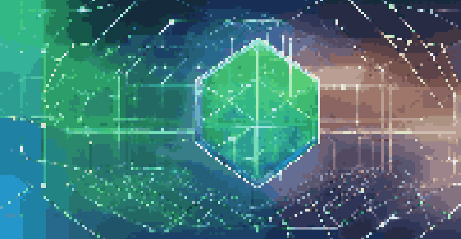 An abstract digital landscape illustrating data governance with interconnected data nodes and a security shield.