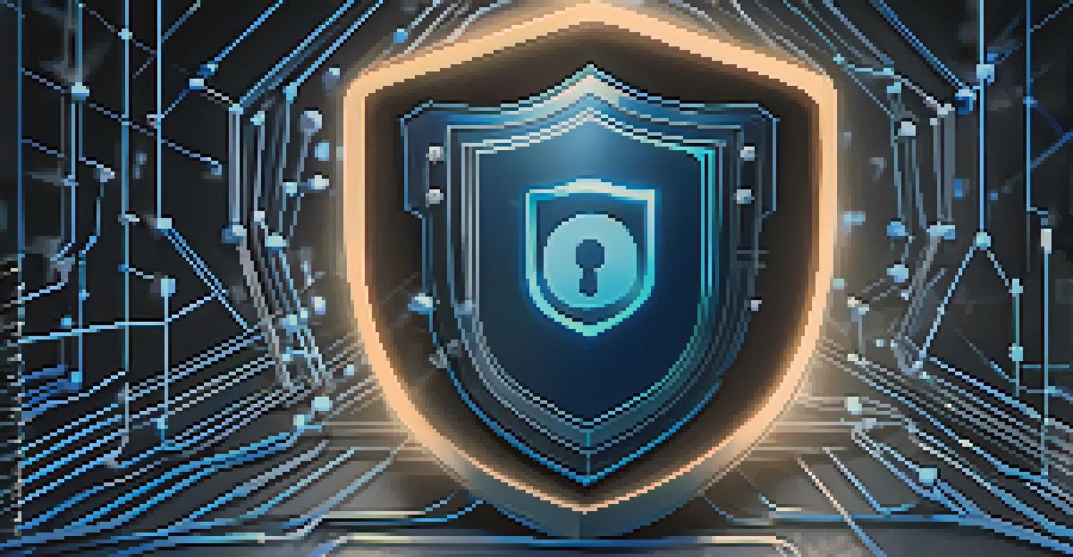 An abstract digital illustration of a cybersecurity shield symbol surrounded by interconnected lines and glowing elements.