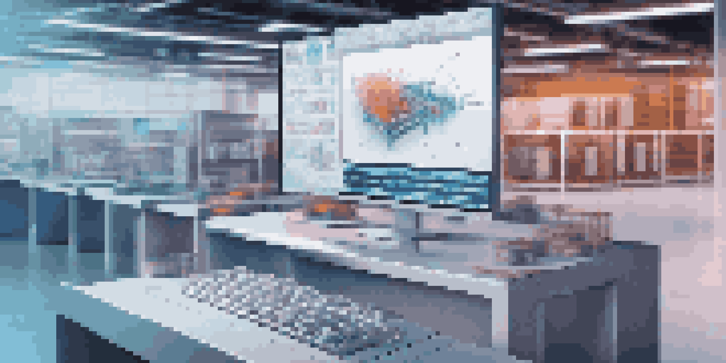 A computer screen showing a detailed 3D model of a warehouse, with items positioned correctly, illuminated in vibrant colors.