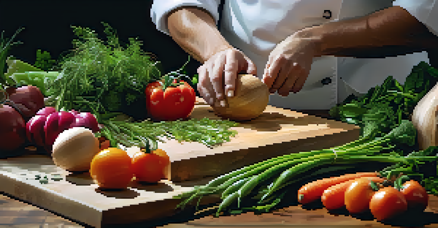 A chef's hands selecting fresh ingredients on a wooden countertop, showcasing vibrant vegetables and herbs in a brightly lit setting.