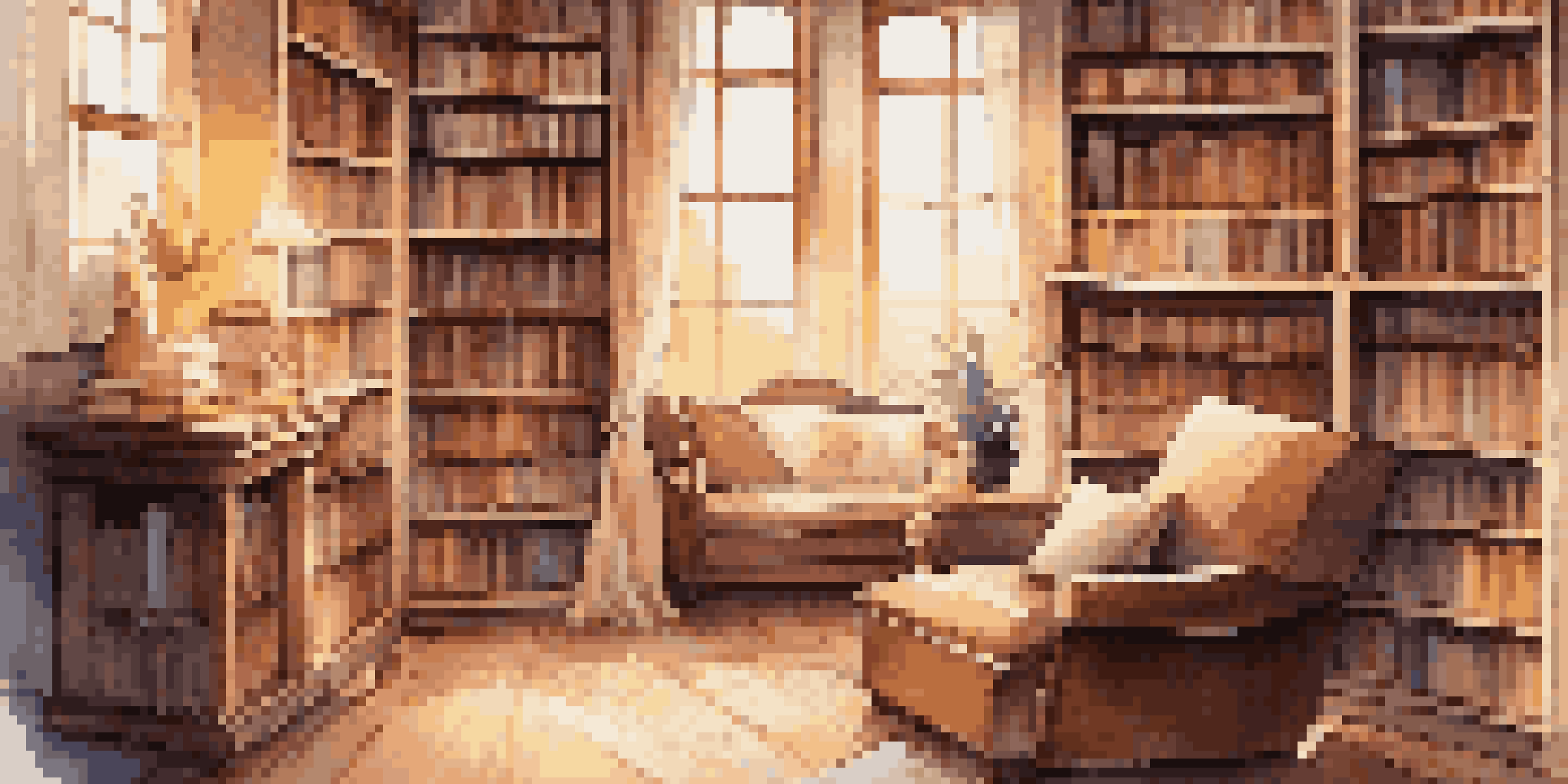 A cozy bookstore with wooden shelves filled with books, a comfortable reading nook, and sunlight streaming through a window.
