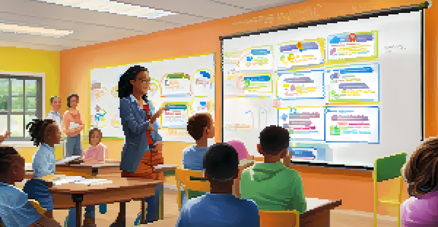 Children in a classroom learning about online safety and privacy, with an instructor and colorful diagrams on a whiteboard.