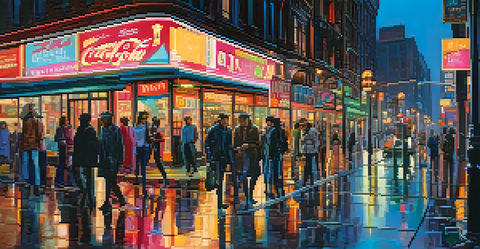 A lively city street at night with colorful neon signs and people walking, reflecting lights on the wet pavement.