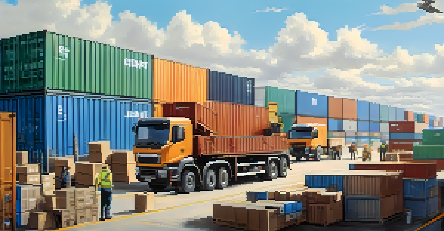 A logistics hub with trucks and cargo containers, symbolizing supply chain efficiency and timely deliveries.