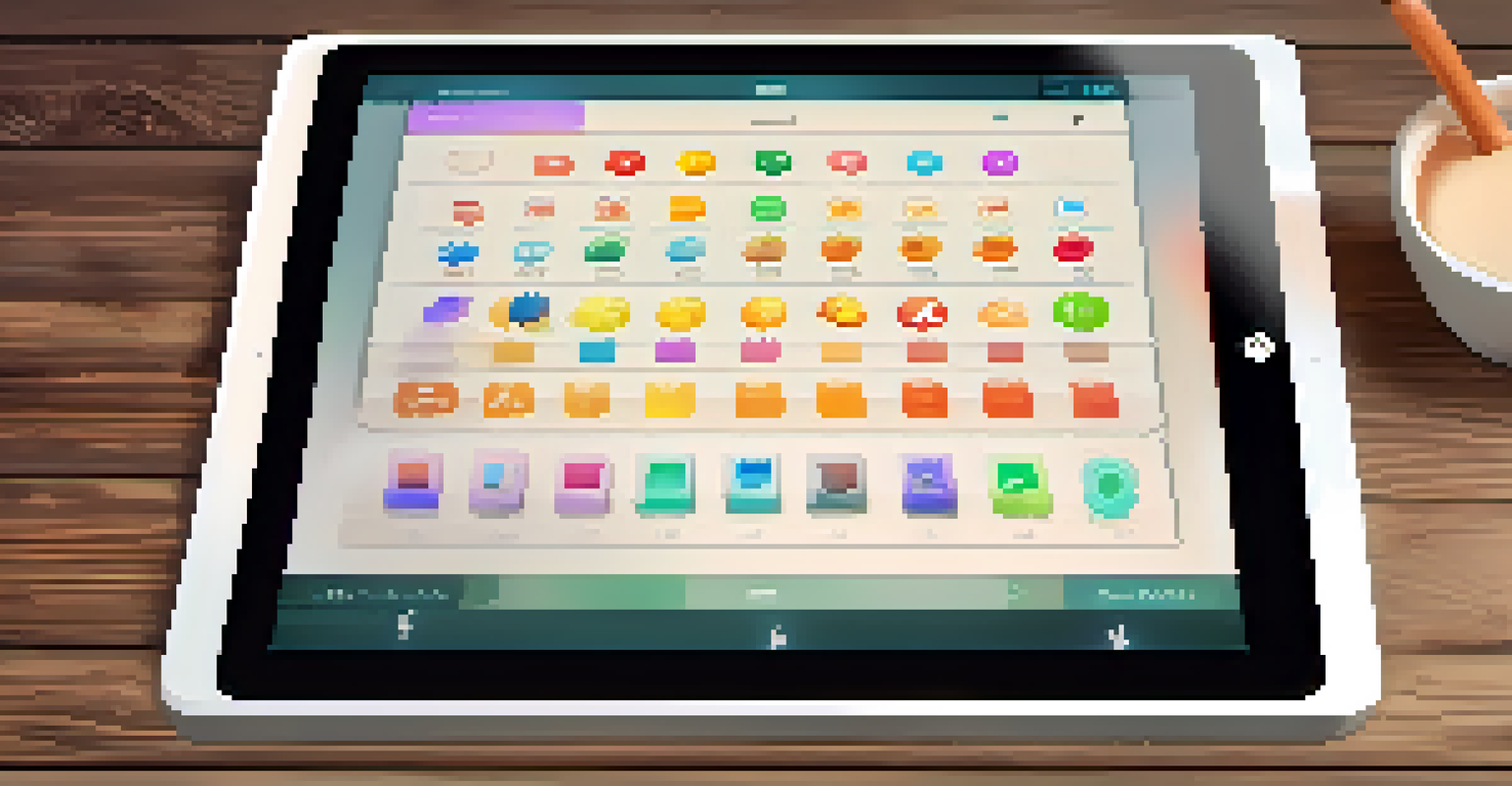 A tablet showing an interactive digital interface with feedback options on a wooden table.