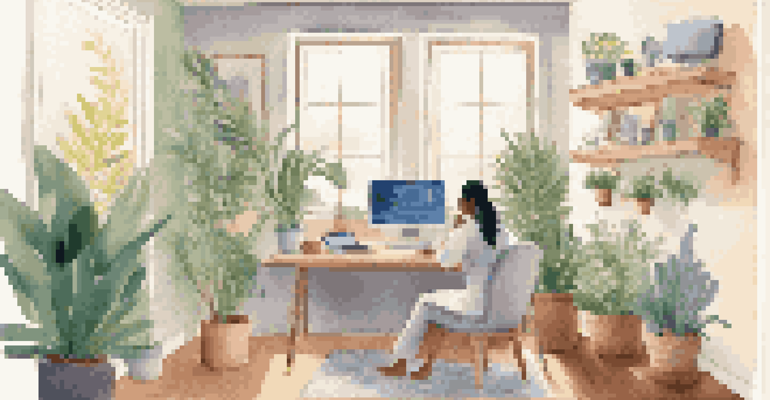 A patient having a telehealth consultation in a cozy home office, engaging with a doctor on a laptop in a serene setting.