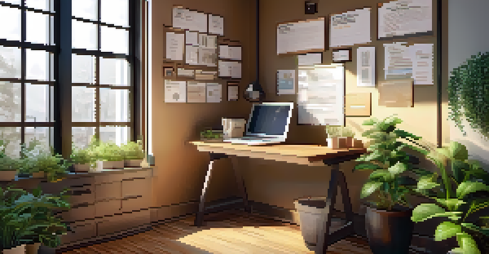 A small business office featuring a wooden desk with a laptop, a cup of coffee, and motivational quotes on the walls, illuminated by warm sunlight.