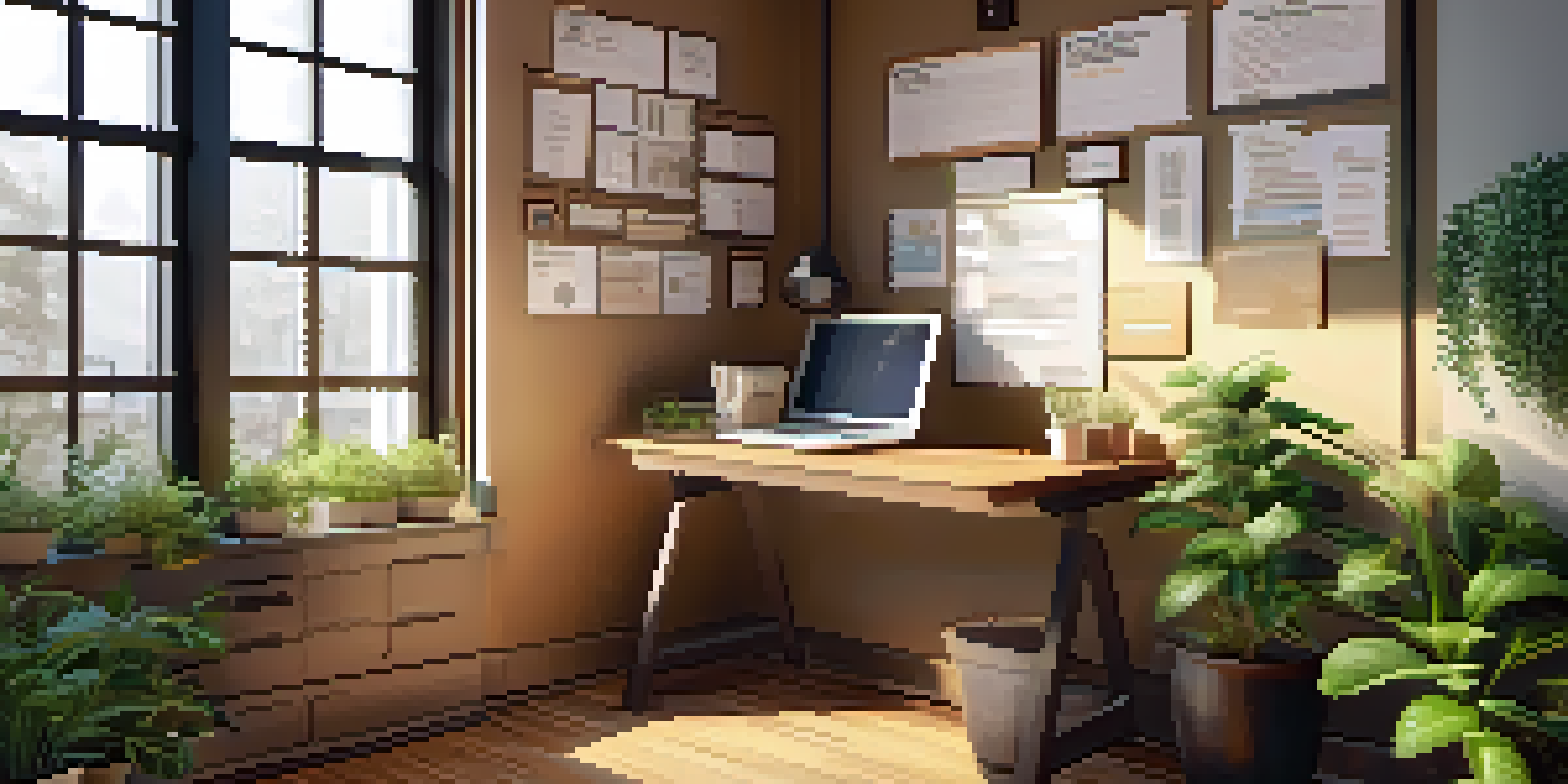 A small business office featuring a wooden desk with a laptop, a cup of coffee, and motivational quotes on the walls, illuminated by warm sunlight.