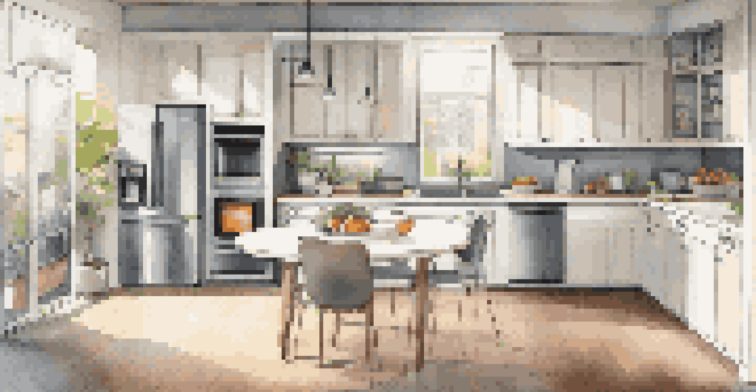 A sleek kitchen showcasing smart appliances, a refrigerator, and a washing machine, with a smartphone on the counter displaying appliance control.