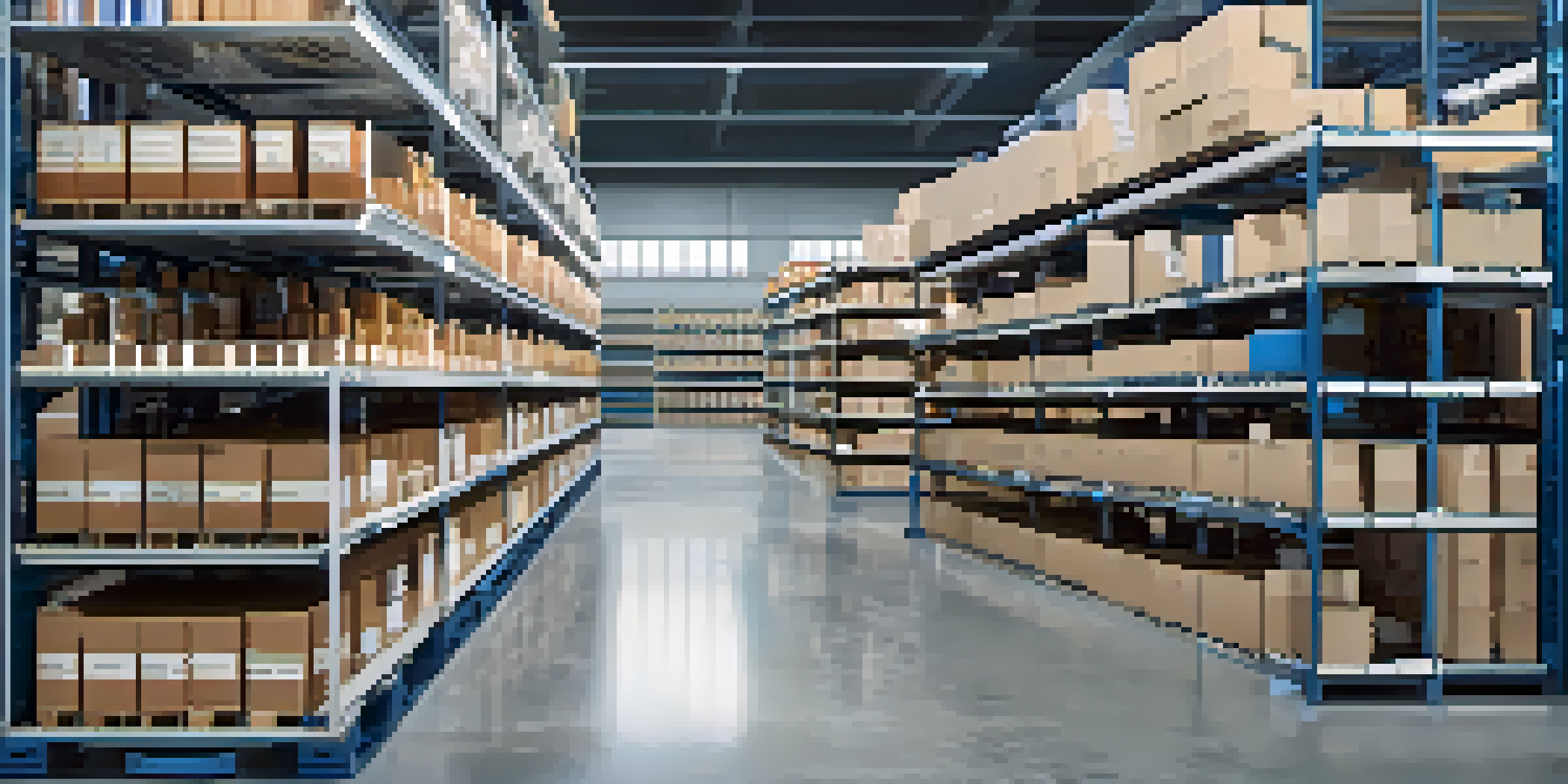 A modern warehouse with shelves of products and IoT sensors, featuring a worker monitoring inventory on a handheld device.