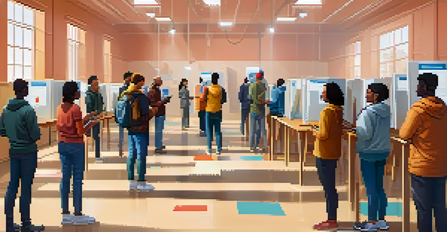 A diverse group of people using smartphones to vote in a bright room, with digital screens showing voting instructions.