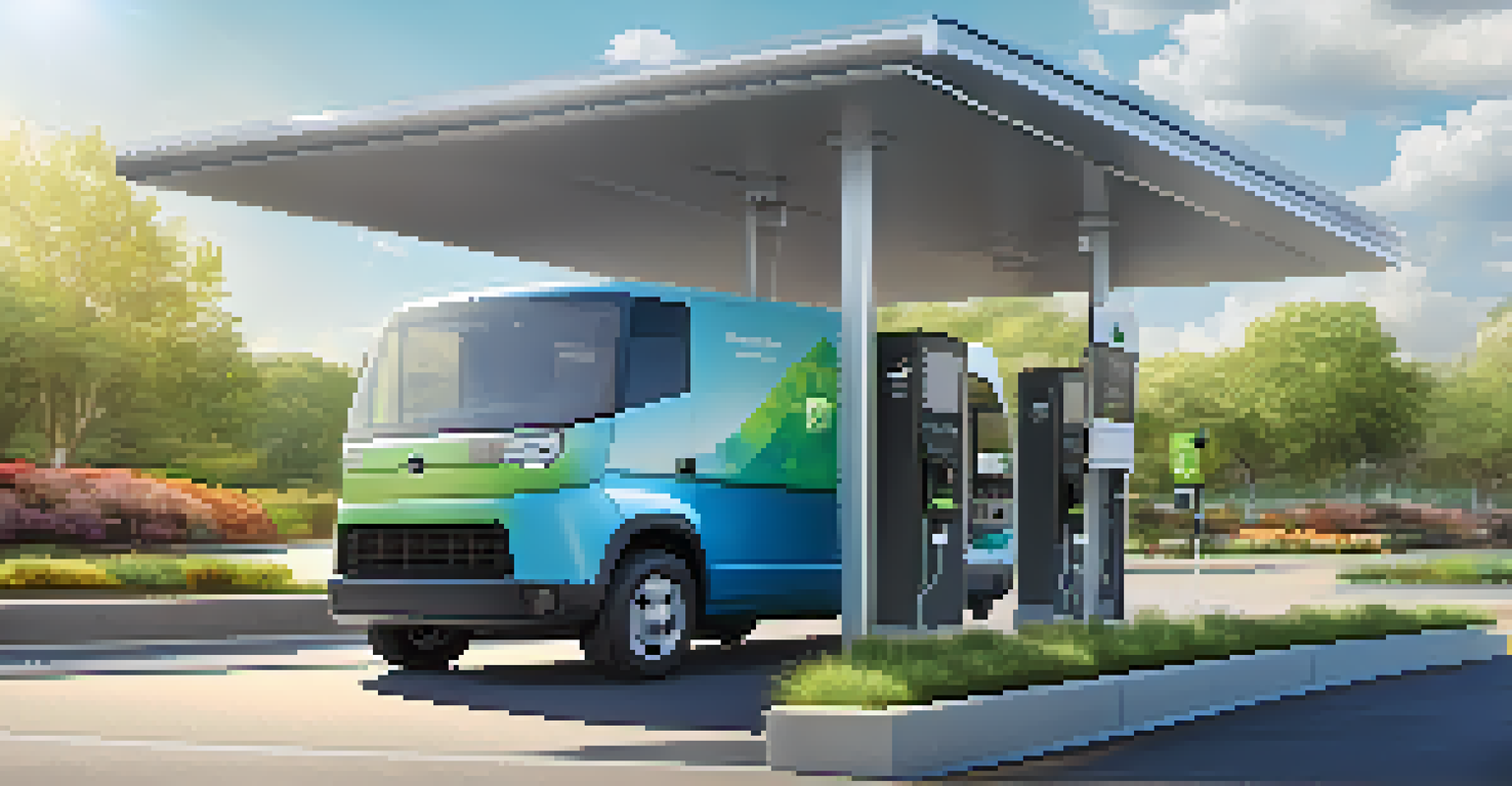 An electric delivery vehicle at a charging station, showcasing a telematics display, surrounded by greenery and solar panels.