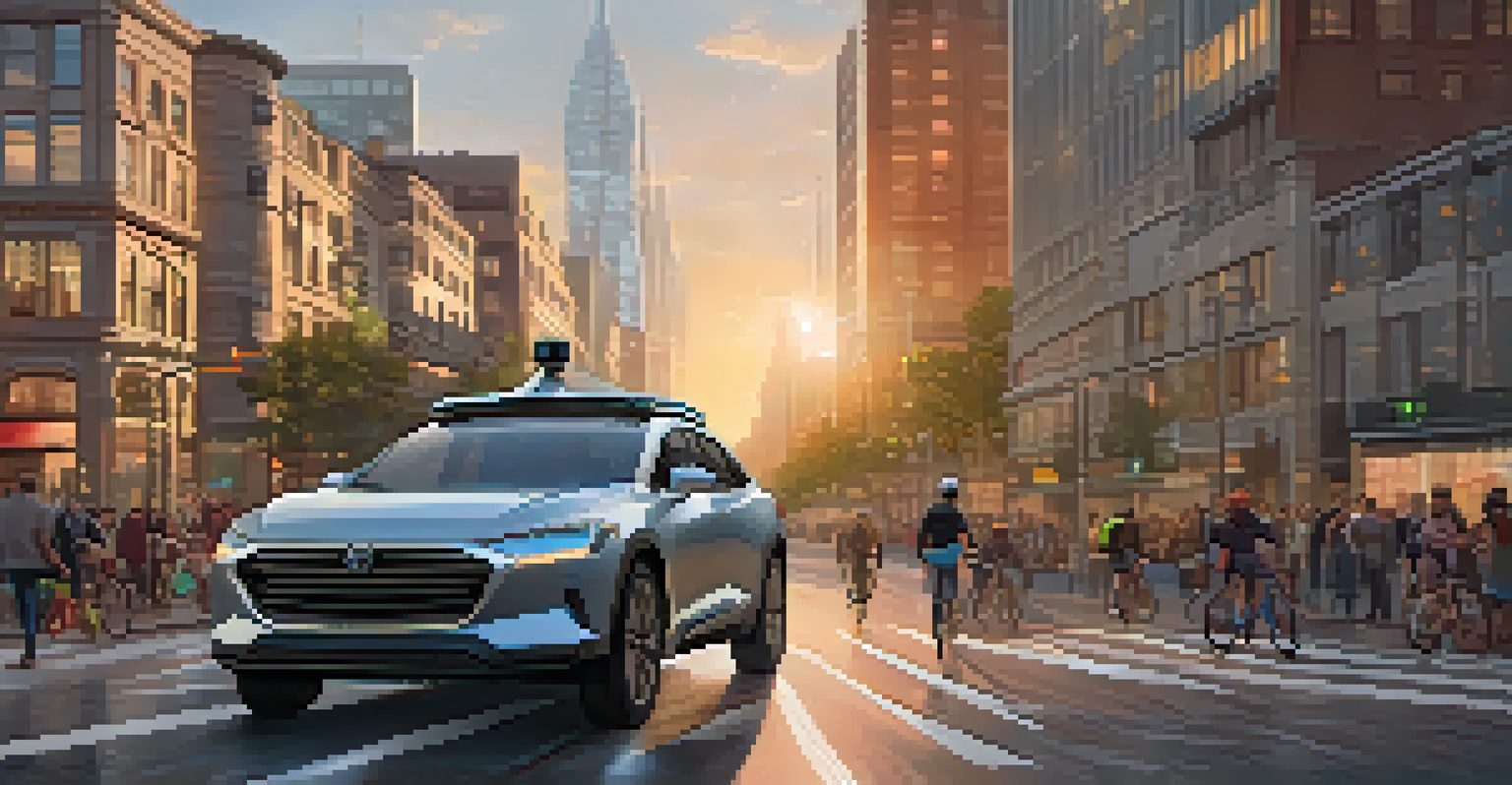 An autonomous vehicle on a busy street, showing sensors and a digital navigation display.