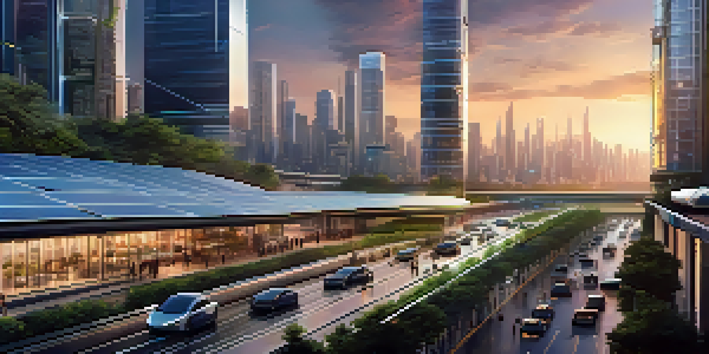 A futuristic smart city skyline at sunset, featuring skyscrapers with greenery and digital displays, busy streets with electric vehicles, and ambient lighting.