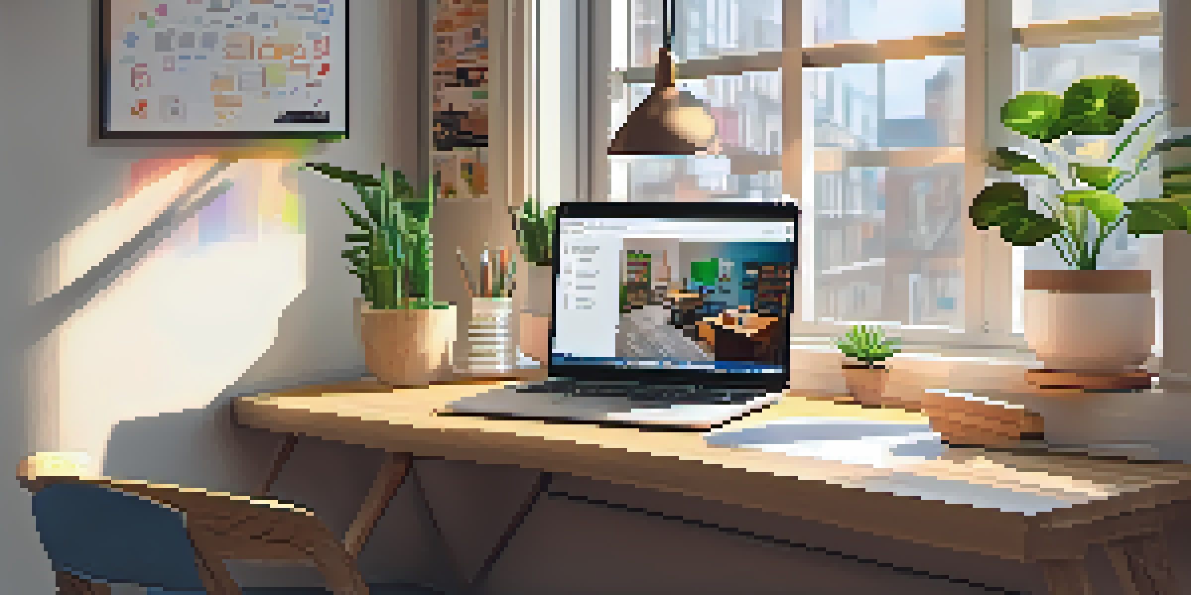 A small business workspace with a wooden desk, laptop, colorful stationery, and a potted plant, bathed in soft natural light.