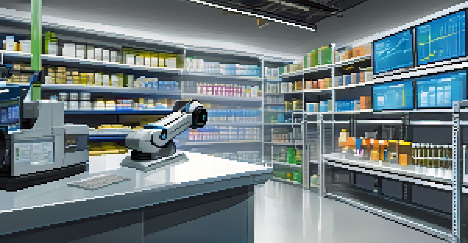 A robotic arm organizing products in a warehouse, with digital screens showing inventory levels and analytics.