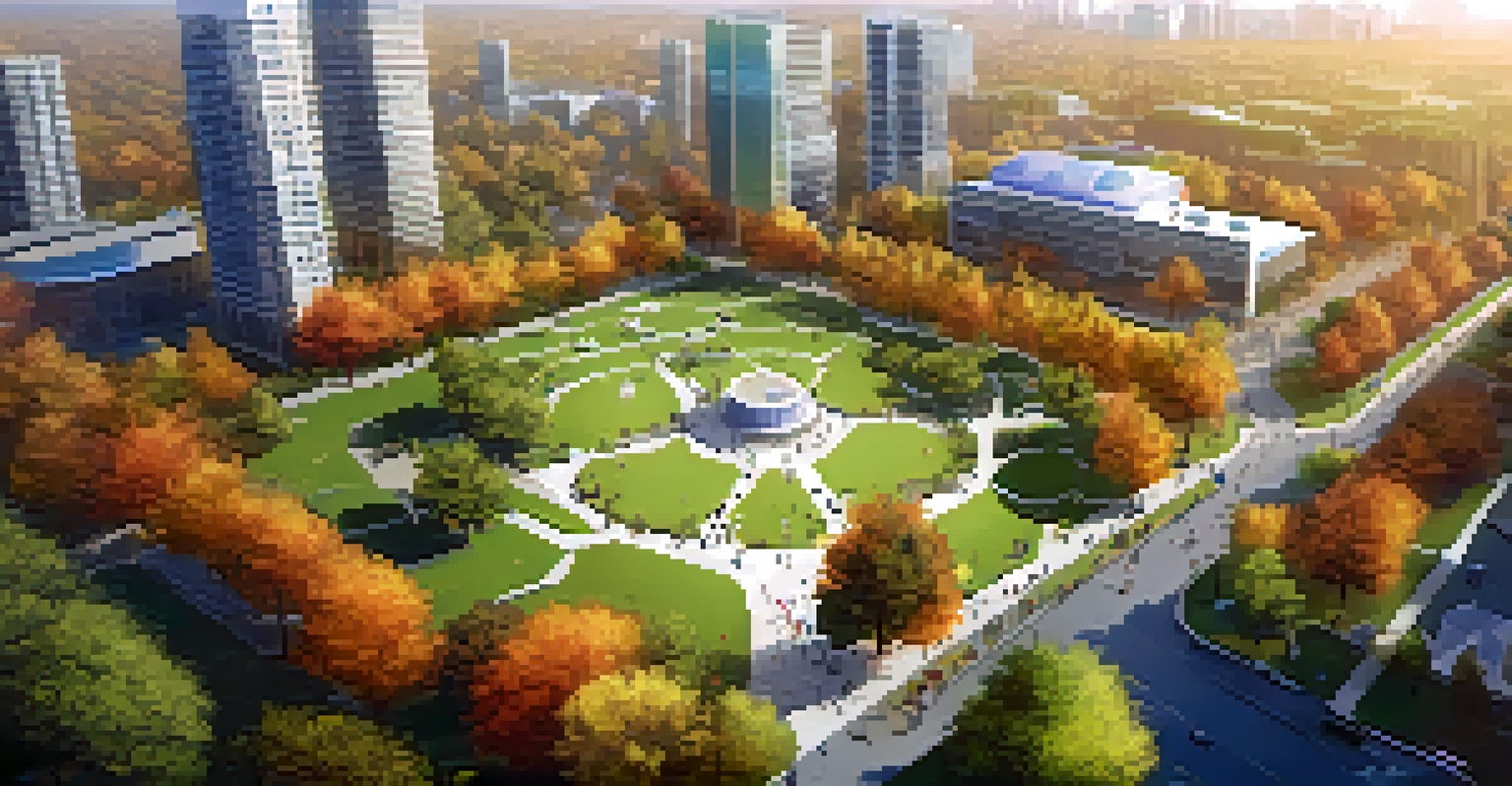 Aerial view of a vibrant city park with monitoring sensors and people enjoying the outdoors amidst lush greenery.