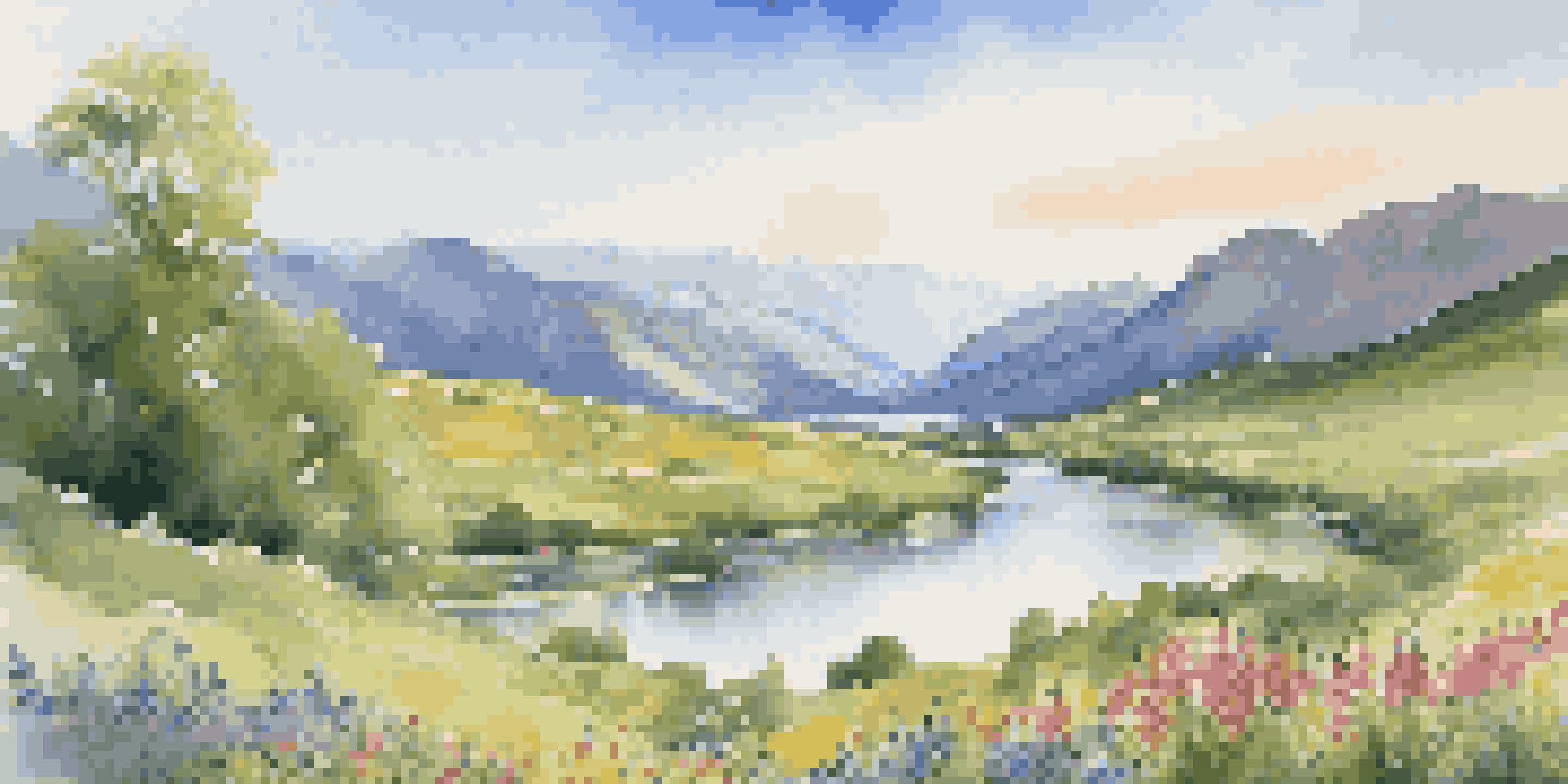 A peaceful valley with green grass, colorful wildflowers, and a river, set against tall mountains and a bright blue sky.