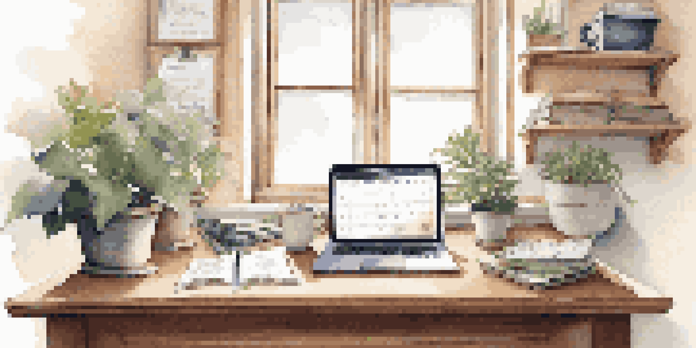 A cozy study space with a wooden desk, laptop, notebooks, and a cup of coffee, bathed in soft natural light.