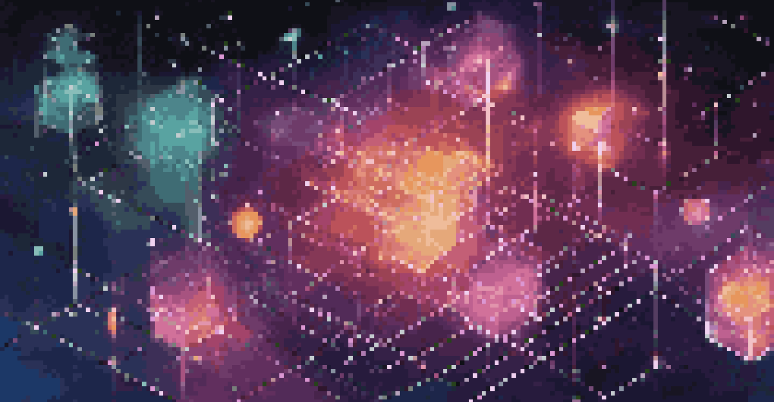 Abstract representation of blockchain technology with glowing blocks and luminous chains in a dark background.