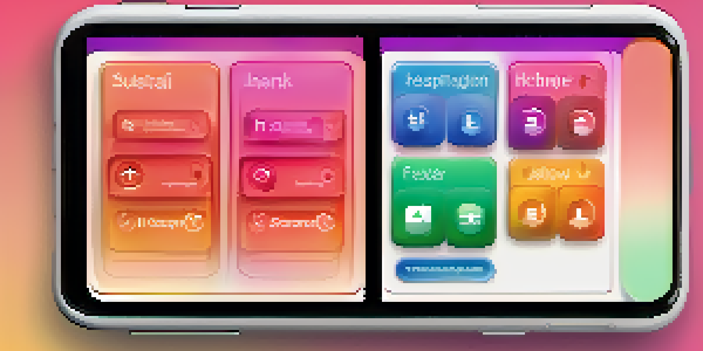 A smartphone showing an accessible mobile app interface with large buttons and high contrast colors, with a hand tapping one of the buttons.