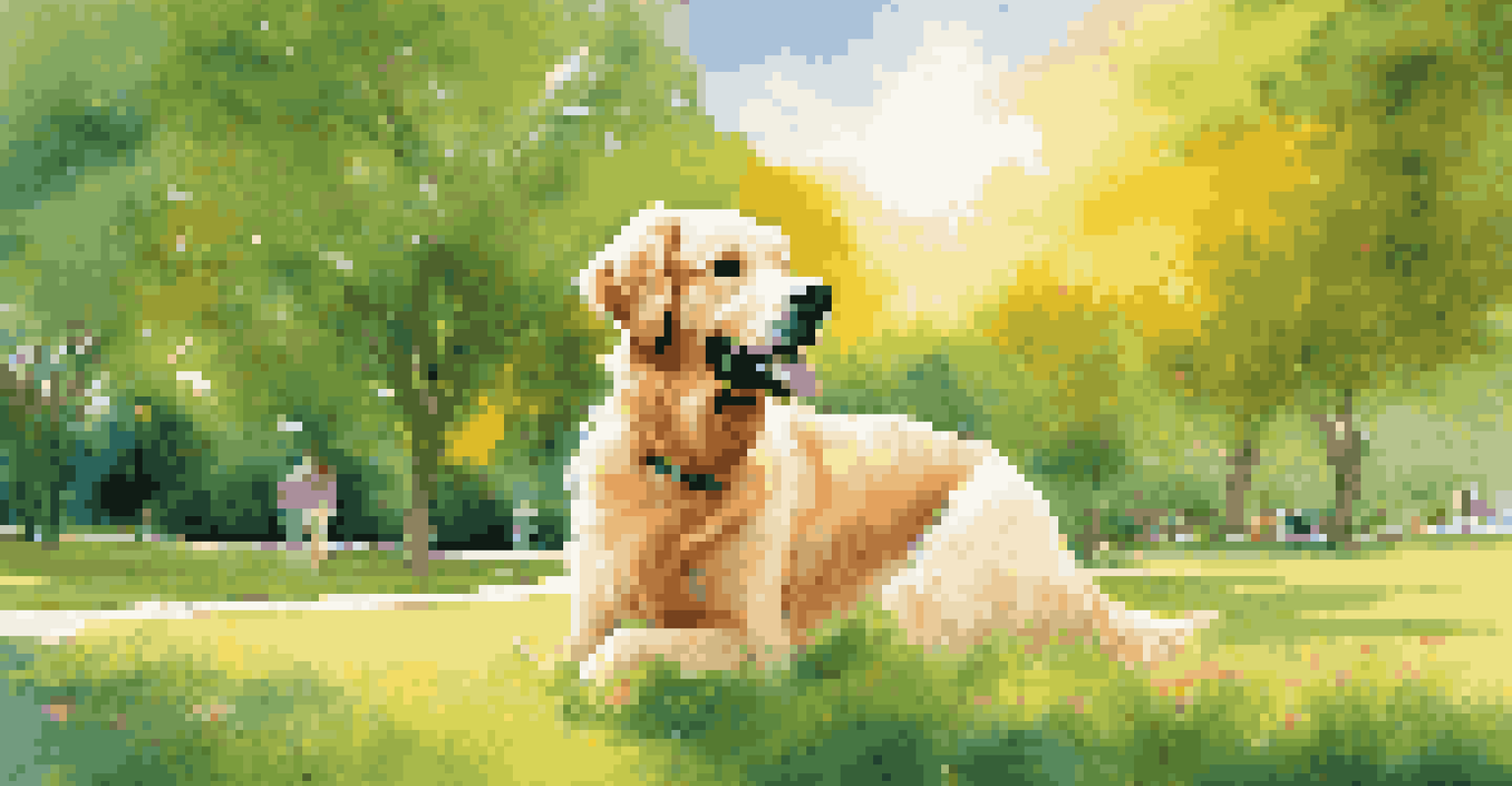 A golden retriever joyfully retrieving a ball in a bright, sunny park surrounded by green grass and colorful flowers, with a graphic overlay showcasing the alt text description.