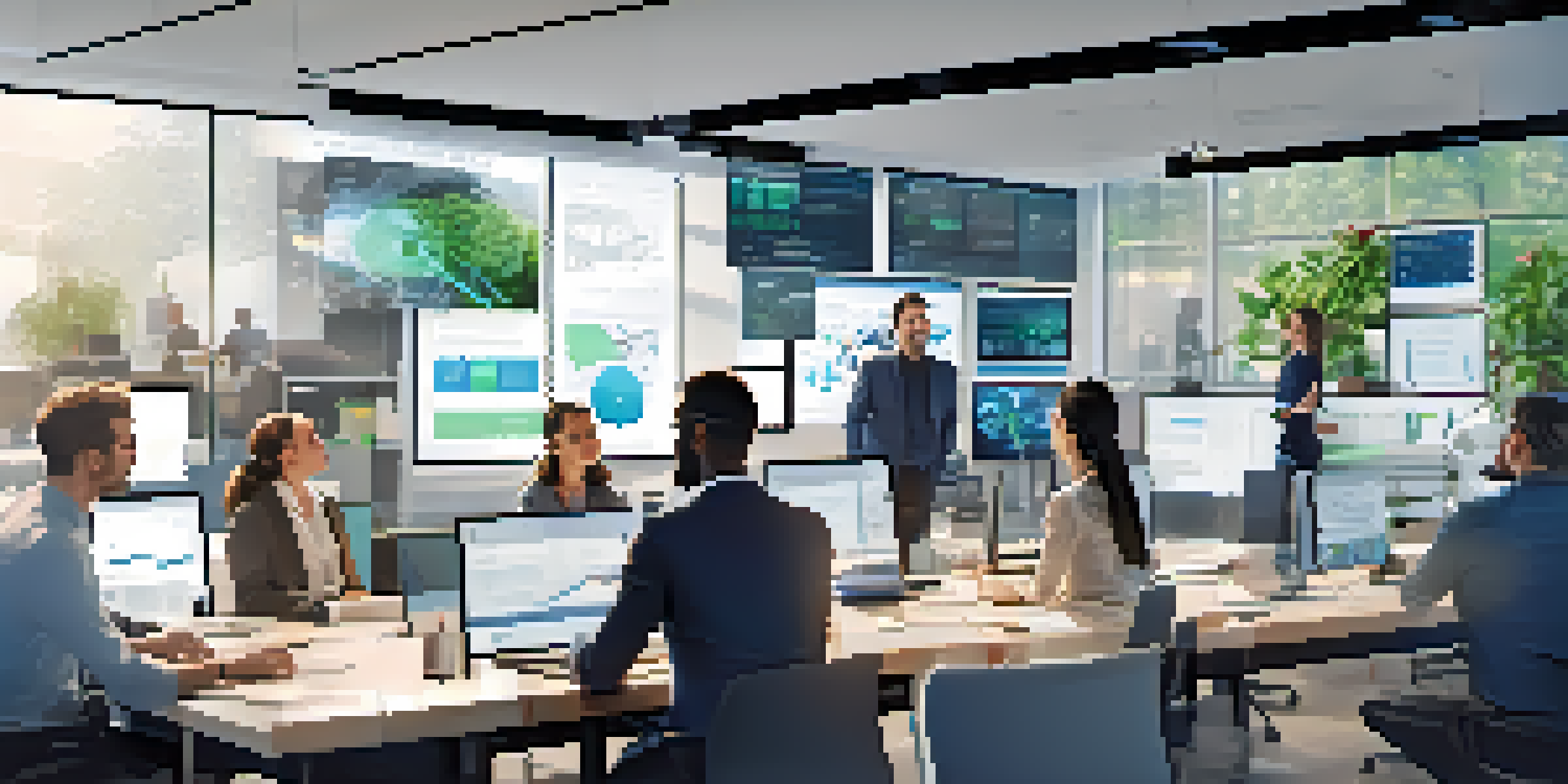 A diverse group of professionals in a modern office discussing robotic process automation and data analytics, with digital screens and natural light from large windows.