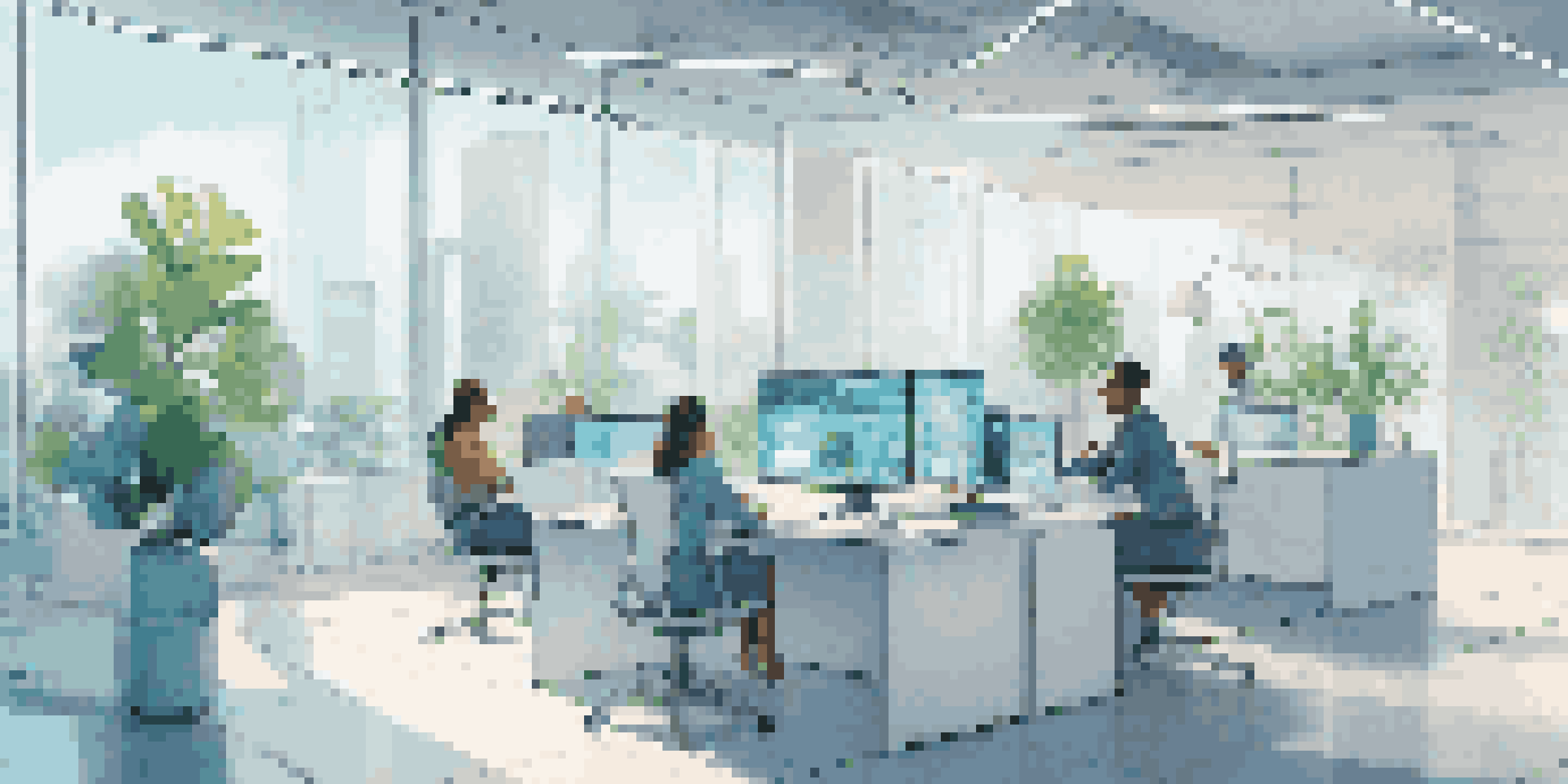 A modern office with diverse professionals working together on digital screens that showcase smart contracts and blockchain concepts.