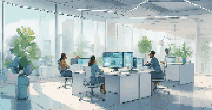 A modern office with diverse professionals working together on digital screens that showcase smart contracts and blockchain concepts.
