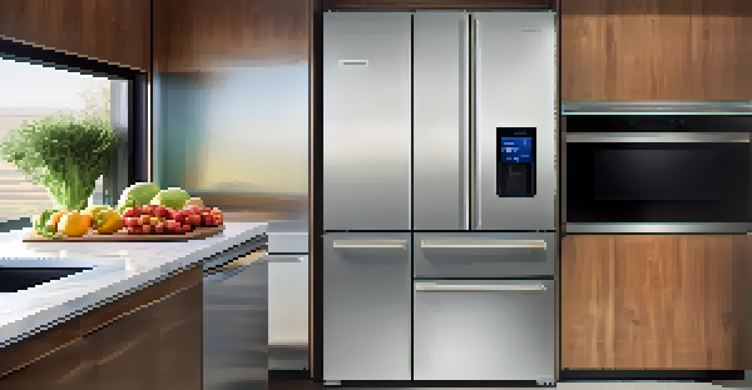 A smart fridge with a digital display and fresh fruits, in a modern kitchen setting.
