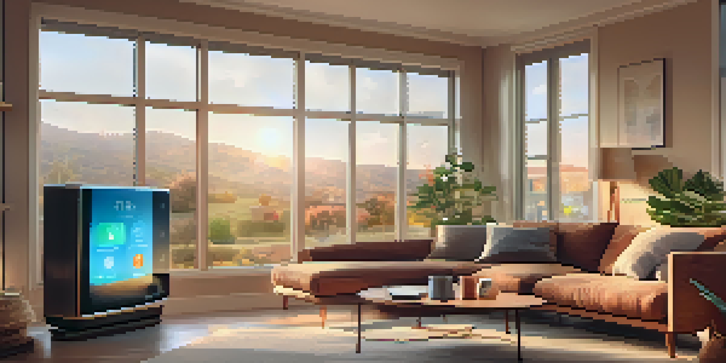 A cozy living room filled with smart home devices like a thermostat and lights, illuminated by warm hues.