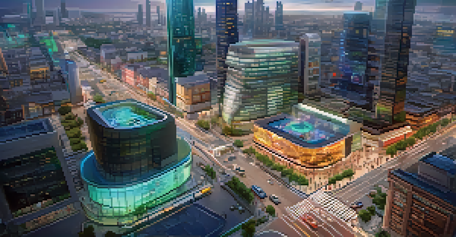 A smart city scene with interconnected vehicles and drones. Digital displays on buildings show data, depicting a lively urban environment powered by IoT technology.