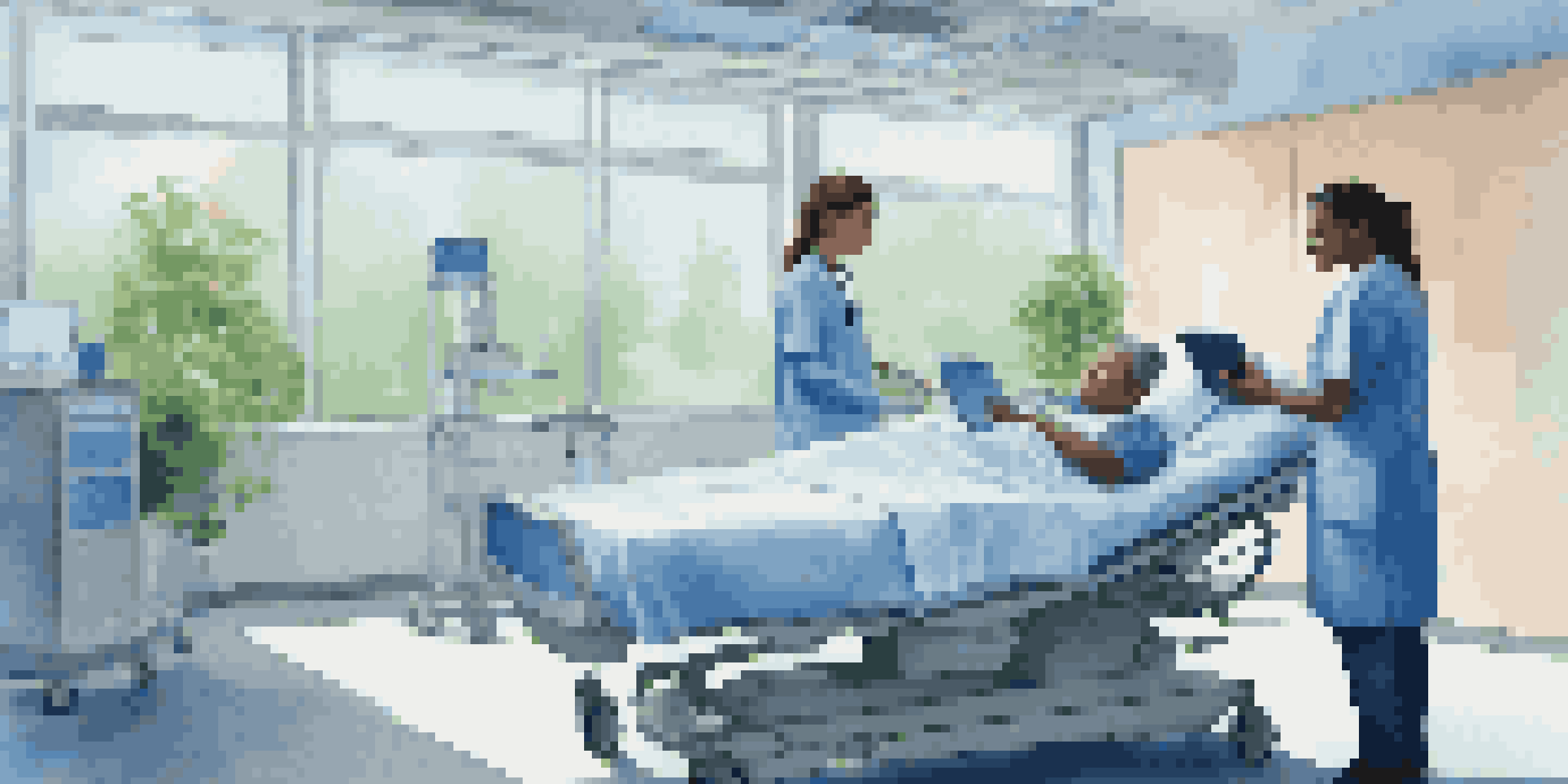 A nurse and a doctor in a well-lit hospital room, collaborating over a tablet with patient data displayed.