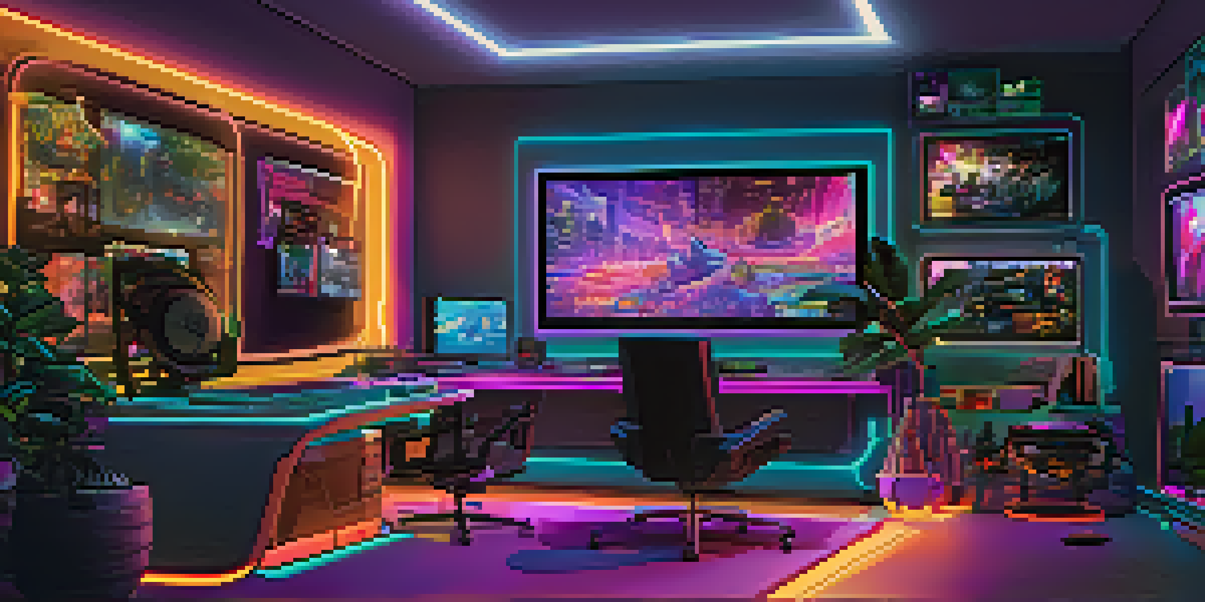 A modern gaming room with neon lights and advanced technology, showcasing gaming setups with large screens and gaming accessories.