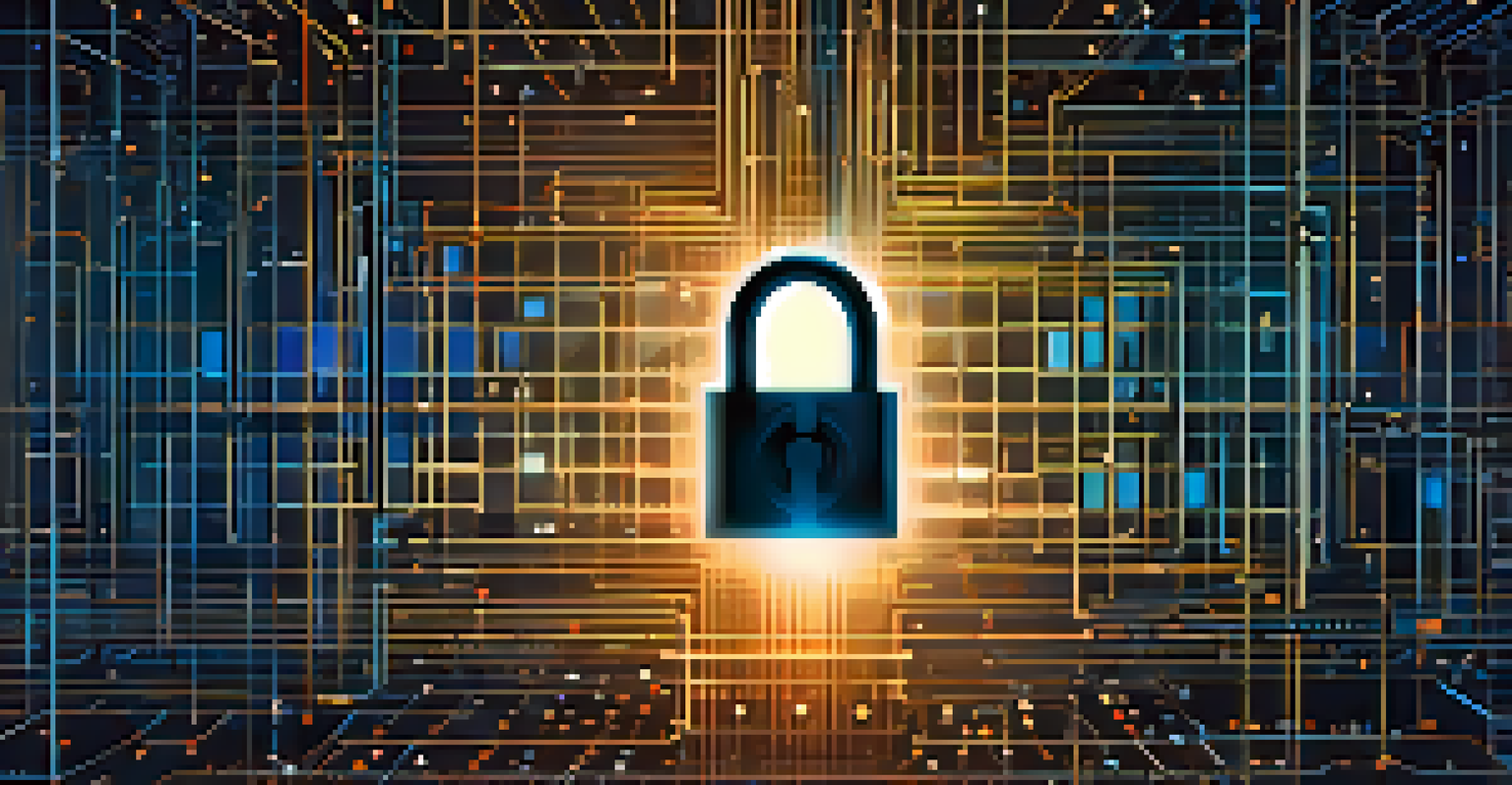 An abstract digital representation of data integrity with a lock and binary code in a blue color scheme.