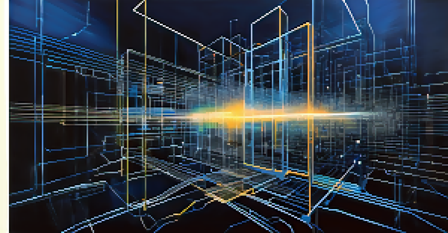 Abstract representation of blockchain technology with glowing blocks and interconnected lines on a deep blue background.