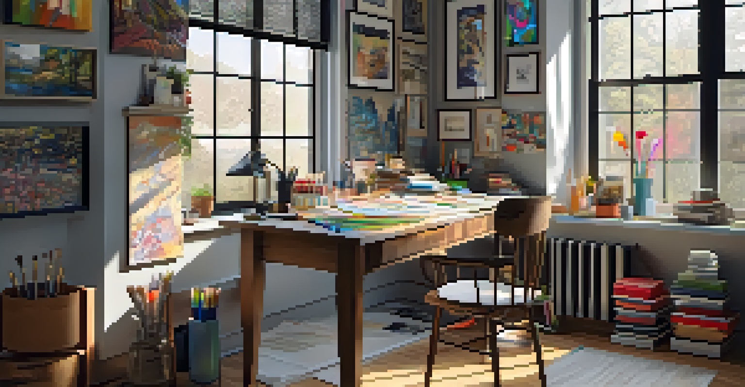 A creative workspace with a wooden desk filled with art supplies and framed artworks on the wall, illuminated by natural light from a window.