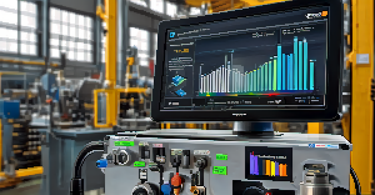 Close-up of an IoT device showing real-time data metrics connected to machinery in a manufacturing environment.