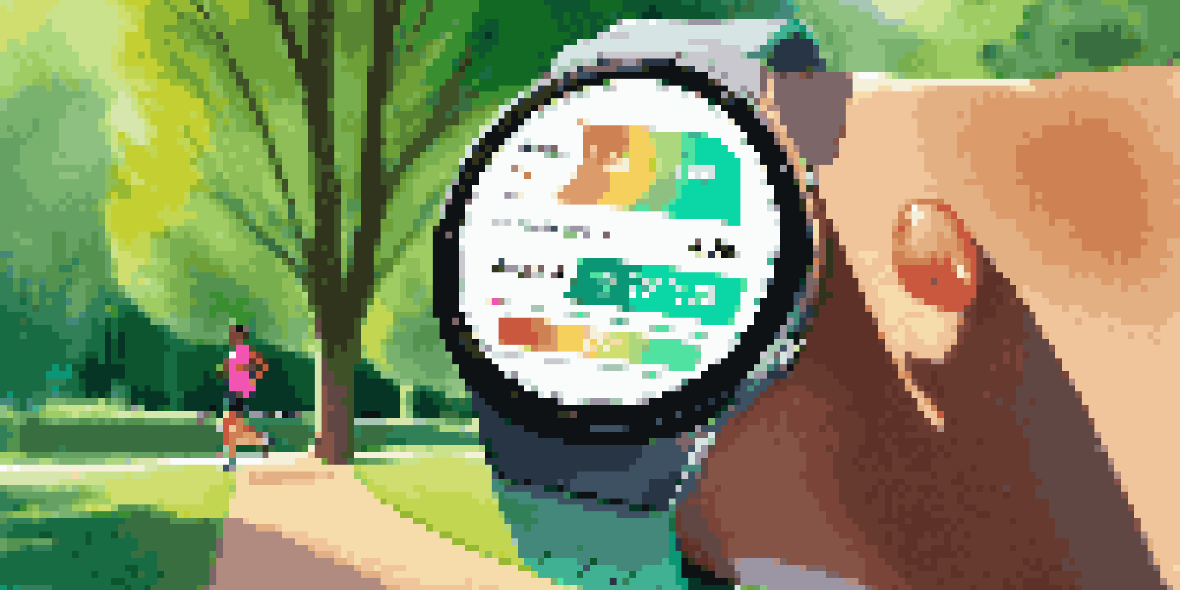 A close-up of a smartwatch with health metrics, with a jogger in the background in a sunny park.
