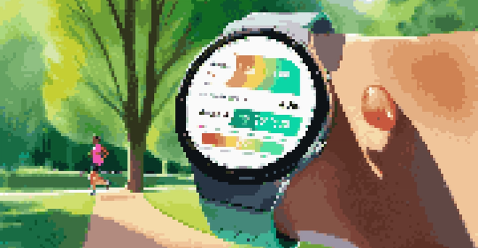 A close-up of a smartwatch with health metrics, with a jogger in the background in a sunny park.